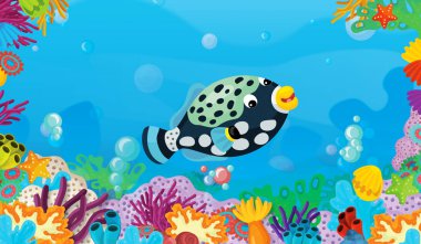 mercan ile mutlu ve sevimli Balık yüzme - illüstrasyon çocuklar için çizgi film sahne