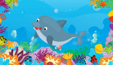 mercan ile mutlu ve sevimli Balık yüzme yunus - illüstrasyon çocuklar için çizgi film sahne