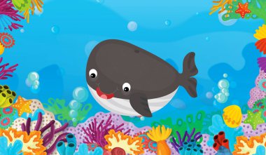 mercan ile mutlu ve sevimli balık balina - illüstrasyon çocuklar için yüzme ile çizgi film sahne