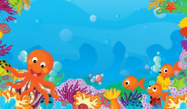 cartoon scene with coral reef with happy and cute fish swimming with frame space text octopus - illustration for children clipart