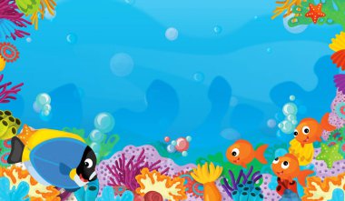 mercan ile mutlu ve sevimli balık ile çerçeve alanı metin - illüstrasyon çocuklar için yüzme ile çizgi film sahne