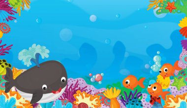 mercan ile mutlu ve sevimli balık ile çerçeve alanı metin balina - illüstrasyon çocuklar için yüzme ile çizgi film sahne