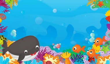 mercan ile mutlu ve sevimli balık ile çerçeve alanı metin balina - illüstrasyon çocuklar için yüzme ile çizgi film sahne