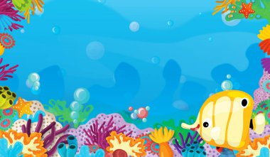 mercan ile mutlu ve sevimli balık ile çerçeve alanı metin - illüstrasyon çocuklar için yüzme ile çizgi film sahne