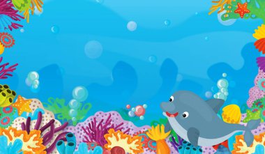 mercan ile mutlu ve sevimli balık ile çerçeve alanı metin yunus - illüstrasyon çocuklar için yüzme ile çizgi film sahne