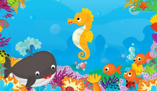 cartoon scene with coral reef with happy and cute fish swimming sea horse - illustration for children