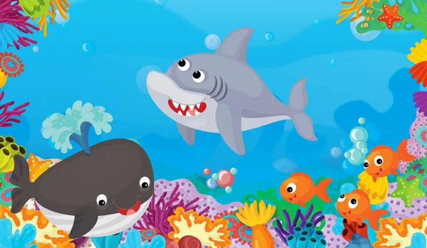 Cartoon Scène Met Koraalrif Met Gelukkig Schattig Vis Zwemmen Shark — Stockfoto