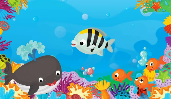 Cartoon Scene Coral Reef Happy Cute Fish Swimming Illustration Children — Stock Photo, Image