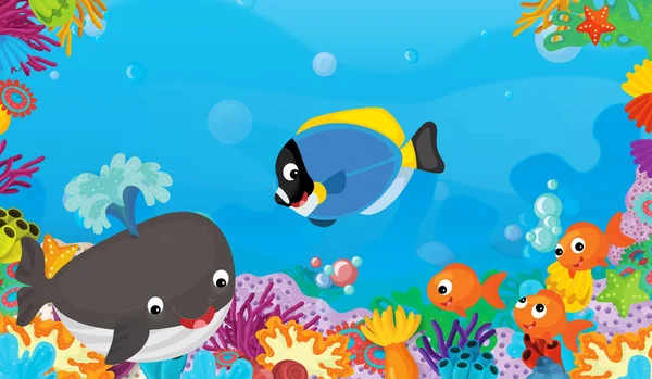 cartoon scene with coral reef with happy and cute fish swimming - illustration for children