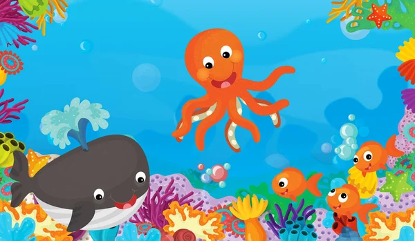 动画片场面与珊瑚礁与愉快和可爱的鱼游泳章鱼 例证为孩子 — 图库照片