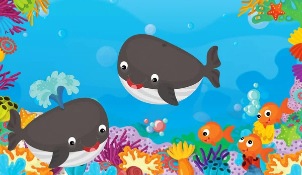 cartoon scene with coral reef with happy and cute fish swimming whale - illustration for children