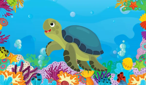 Scena Dei Cartoni Animati Con Barriera Corallina Con Tartaruga Nuoto — Foto Stock