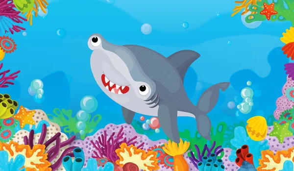 Kreslený Scény Korálovým Útesem Šťastný Roztomilý Ryb Plavání Žralok Ilustrace — Stock fotografie