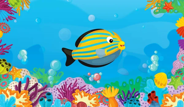 Мультяшна Сцена Кораловим Рифом Щасливим Милим Рибним Плаванням Ілюстрація Дітей — стокове фото