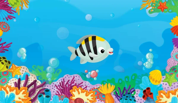 Cartoon Scene Coral Reef Happy Cute Fish Swimming Illustration Children — Stock Photo, Image