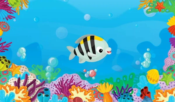 cartoon scene with coral reef with happy and cute fish swimming - illustration for children