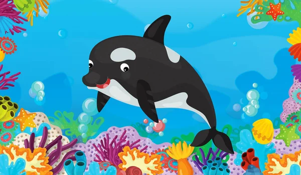 cartoon scene with coral reef with happy and cute fish swimming killer whale - illustration for children