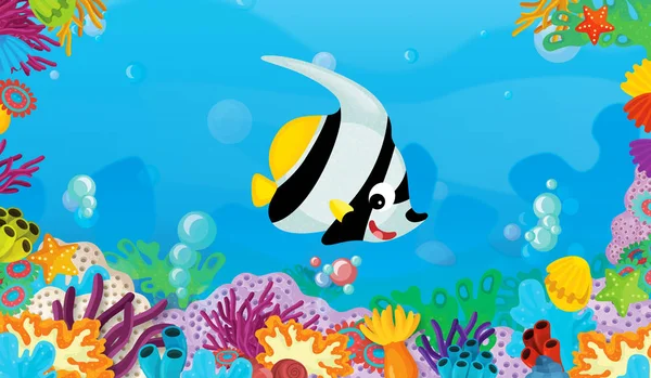 Cartoon Scene Coral Reef Happy Cute Fish Swimming Illustration Children — Stock Photo, Image