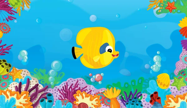 Cartoon Scene Coral Reef Happy Cute Fish Swimming Illustration Children — Stock Photo, Image