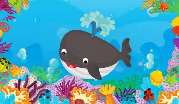 Cartoon Scene Coral Reef Happy Cute Fish Swimming Whale Illustration — Stock Photo, Image