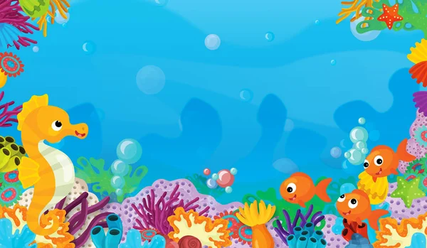 Cartoon Scene Coral Reef Happy Cute Fish Swimming Frame Space — Stock Photo, Image