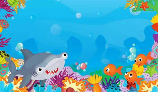 Cartoon Scene Coral Reef Happy Cute Fish Swimming Shark Illustration — Stock Photo, Image