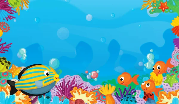 Cartoon Scene Coral Reef Happy Cute Fish Swimming Frame Space — Stock Photo, Image