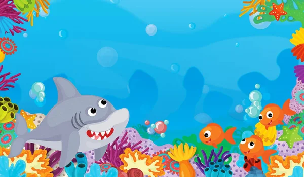 动画片场面与珊瑚礁与愉快和可爱的鱼游泳鲨鱼 例证为孩子 — 图库照片