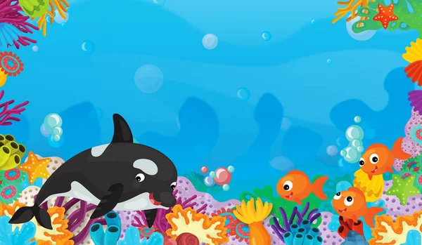 フレーム スペース本文シャチ 子供のための図と幸せとかわいい魚とサンゴ礁の漫画シーン — ストック写真