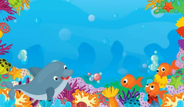 Cartoon Scene Coral Reef Happy Cute Fish Swimming Frame Space — Stock Photo, Image