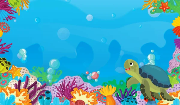 Cartoon Scene Coral Reef Happy Cute Fish Swimming Frame Space — Stock Photo, Image