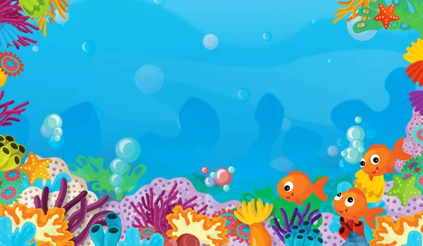 Cena Dos Desenhos Animados Com Recife Coral Com Peixes Felizes — Fotografia de Stock