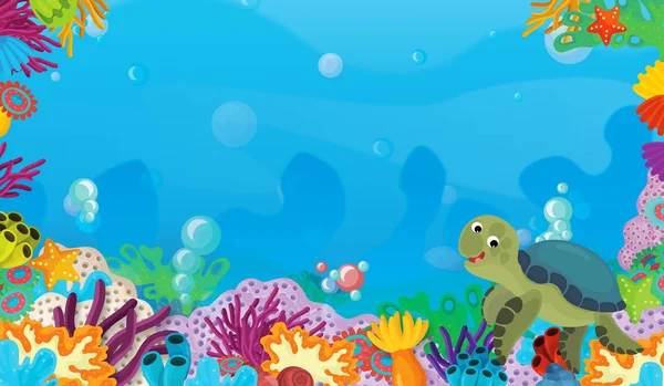 Мультяшная Сцена Коралловым Рифом Счастливой Милой Рыбой Плавающей Черепахой Рамке — стоковое фото