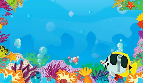 Мультяшная Сцена Коралловым Рифом Счастливой Милой Рыбой Плавающей Рамке Иллюстрация — стоковое фото