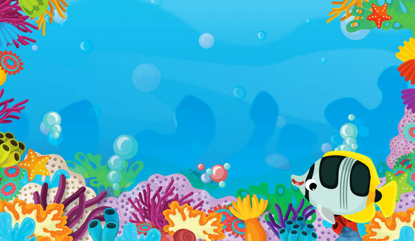 cartoon scene with coral reef with happy and cute fish swimming with frame space text - illustration for children