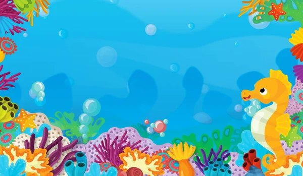 Cartoon Scene Coral Reef Happy Cute Fish Swimming Frame Space — Stock Photo, Image