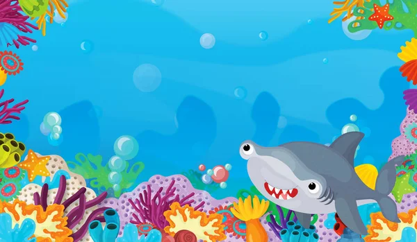 Kreskówka Scena Rafy Koralowej Szczęśliwy Ładna Ryba Pływanie Ramki Przestrzeni — Zdjęcie stockowe