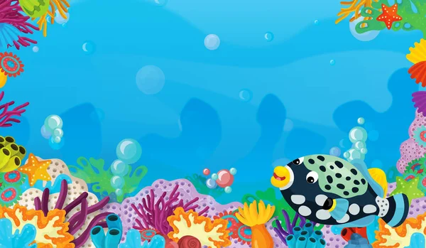 Cartoon Scene Coral Reef Happy Cute Fish Swimming Frame Space — Stock Photo, Image