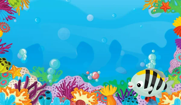 Cartoon Scene Coral Reef Happy Cute Fish Swimming Frame Space — Stock Photo, Image