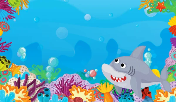 Cartoon Scene Coral Reef Happy Cute Fish Swimming Frame Space — Stock Photo, Image