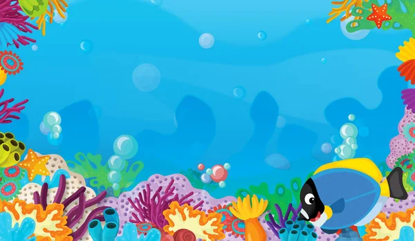 フレーム スペース本文 子供のための図と幸せとかわいい魚とサンゴ礁の漫画シーン — ストック写真
