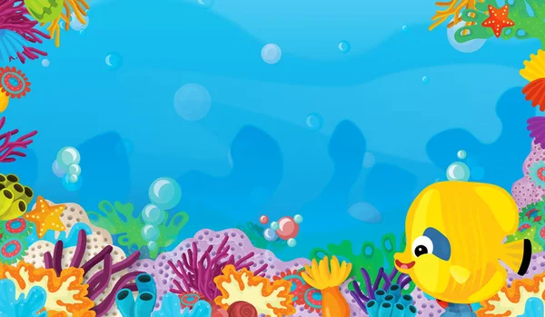 Γελοιογραφία Σκηνή Κοραλλιογενή Ύφαλο Ευτυχισμένο Και Χαριτωμένο Ψάρι Κολύμπι Κορνίζα — Φωτογραφία Αρχείου