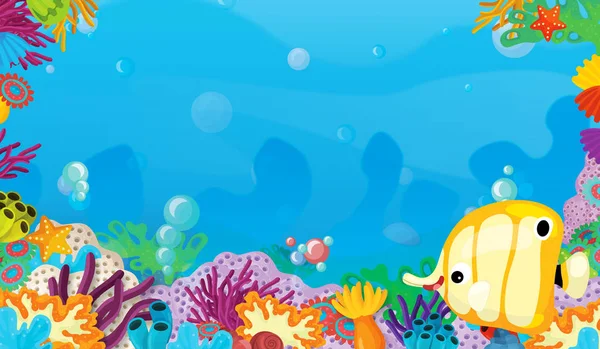cartoon scene with coral reef with happy and cute fish swimming with frame space text - illustration for children