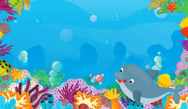 卡通场景与珊瑚礁与快乐和可爱的鱼游泳与框架空间文本海豚 插图为儿童 — 图库照片