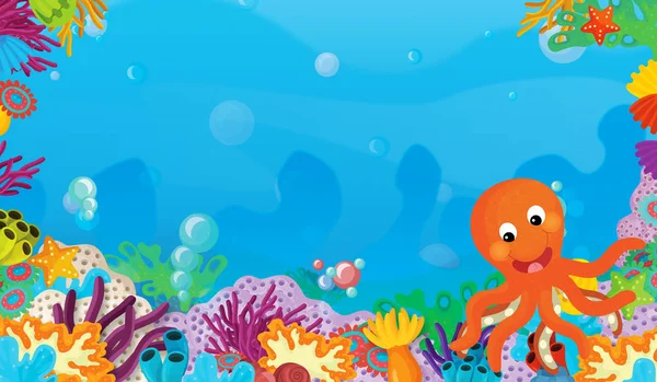 Cartoon Scene Coral Reef Happy Cute Fish Swimming Frame Space — Stock Photo, Image