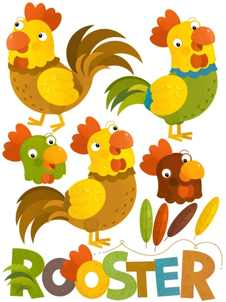 Cartoon scene with set roosters on white background - illustration for children — Stock Photo, Image