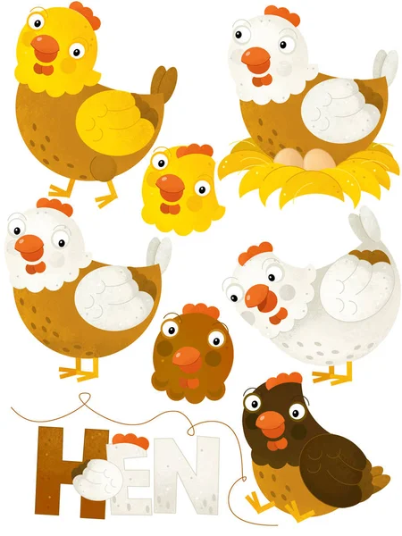 Çizgi film sahne ile tavuklar tavukları beyaz arka plan - illüstrasyon çocuklar için ayarlama — Stok fotoğraf