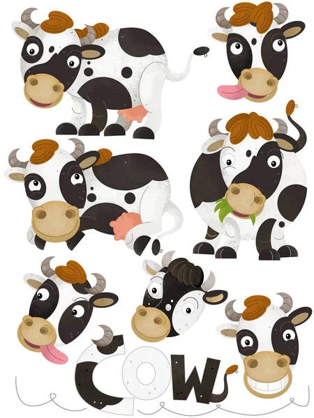 cartoon scene with cow set on white background - illustration for children