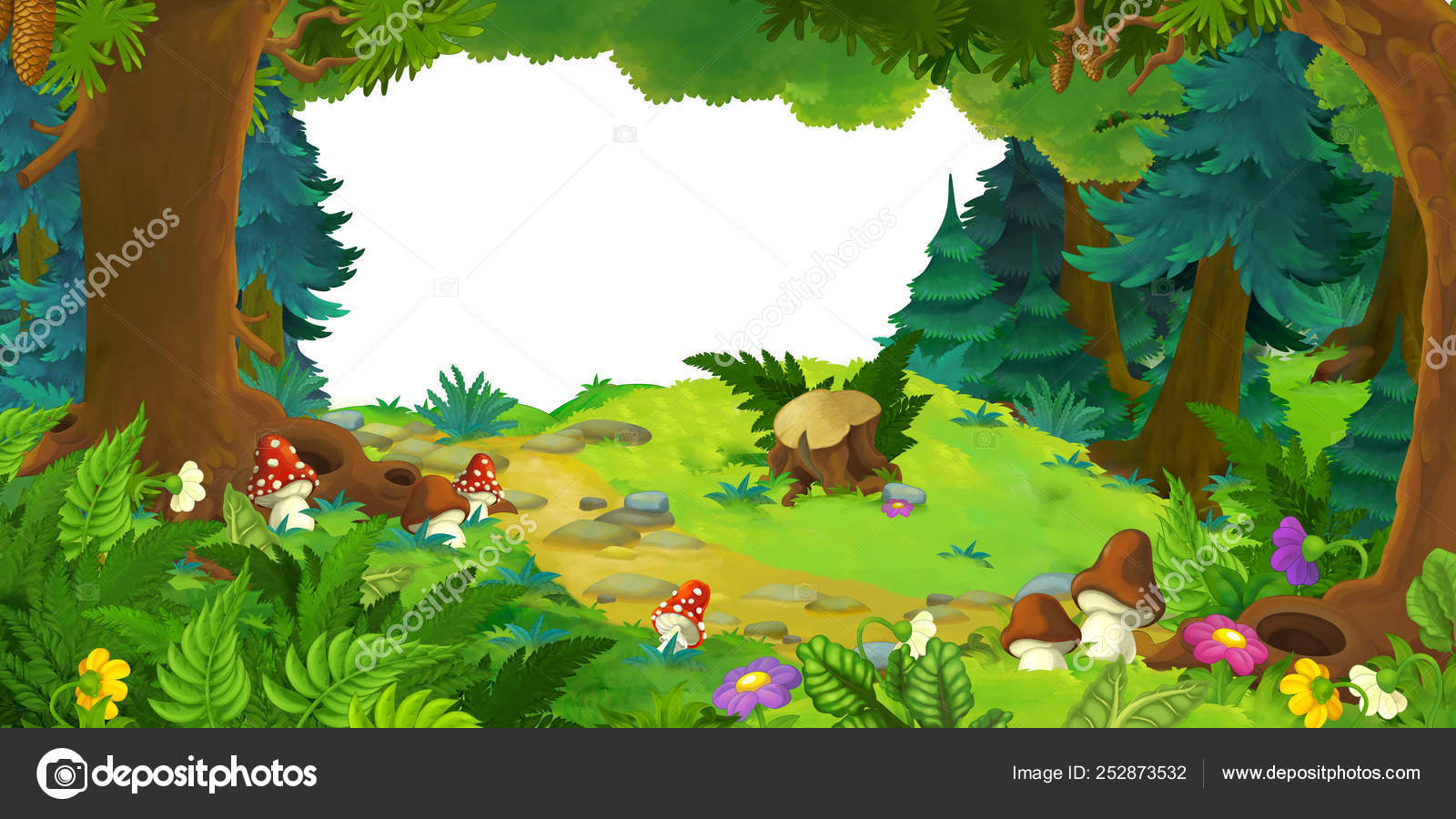 Cartoon scene with beautiful forest and the meadow with frame for text -  illustration for children Stock Photo by ©agaes8080 252873532