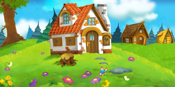 Scène de dessin animé avec belle maison rurale en brique dans la forêt sur la prairie illustration pour les enfants — Photo